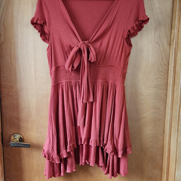 Boho Rust Tie Front Ruffle Hem Dress - Picture 4 of 6
